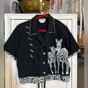 Vintage Medium Black White Zebra Blouse Rhinestones
